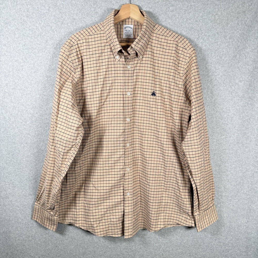 Brooks Brothers Regent Fit Button Down Mens Large Cotton Blend Beige